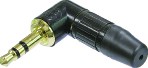3 poliger 3.5 mm Audio Winkel-Klinkenstecker, Lötanschlüsse, Zugentlastung, schwarz-verchromtes Gehäuse, vergoldete Kontakte