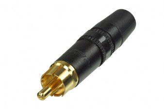 Cinch (RCA) Kabelstecker mit vergoldeten Kontakten, schwarz-verchromtem Gehäuse, Spannzangen Kabelzugentlastung, Markierungsring schwarz