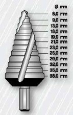 Stufenbohrer 8-38 mm, mit auswechselbarem Zentrierbohrer D 8 mm