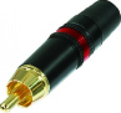 Cinch (RCA) Kabelstecker mit vergoldeten Kontakten, schwarz-verchromtem Gehäuse, Spannzangen Kabelzugentlastung, Markierungsring rot