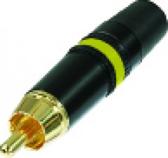Cinch (RCA) Kabelstecker mit vergoldeten Kontakten, schwarz-verchromtem Gehäuse, Spannzangen Kabelzugentlastung, Markierungsring gelb