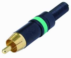 Cinch (RCA) Kabelstecker mit vergoldeten Kontakten, schwarz-verchromtem Gehäuse, Spannzangen Kabelzugentlastung, Markierungsring grün