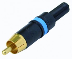 Cinch (RCA) Kabelstecker mit vergoldeten Kontakten, schwarz-verchromtem Gehäuse, Spannzangen Kabelzugentlastung, Markierungsring blau