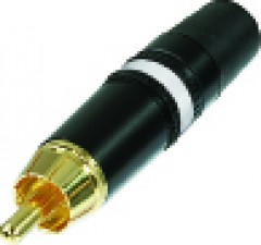 Cinch (RCA) Kabelstecker mit vergoldeten Kontakten, schwarz-verchromtem Gehäuse, Spannzangen Kabelzugentlastung, Markierungsring weiss